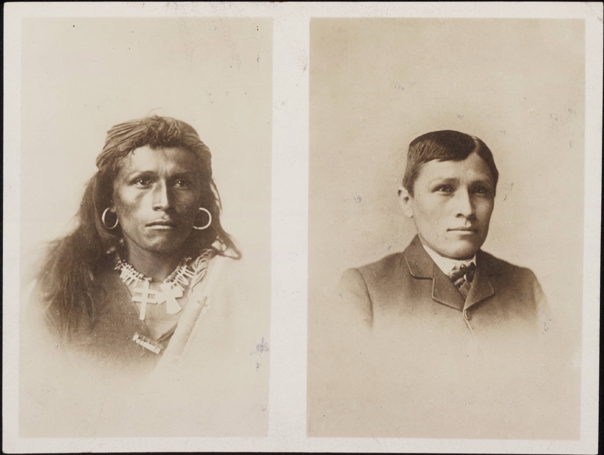 Two studio portraits of the same young man mounted side by side: at left in long hair, earrings and a blanket; at right with cut hair in a buttoned jacket and tie