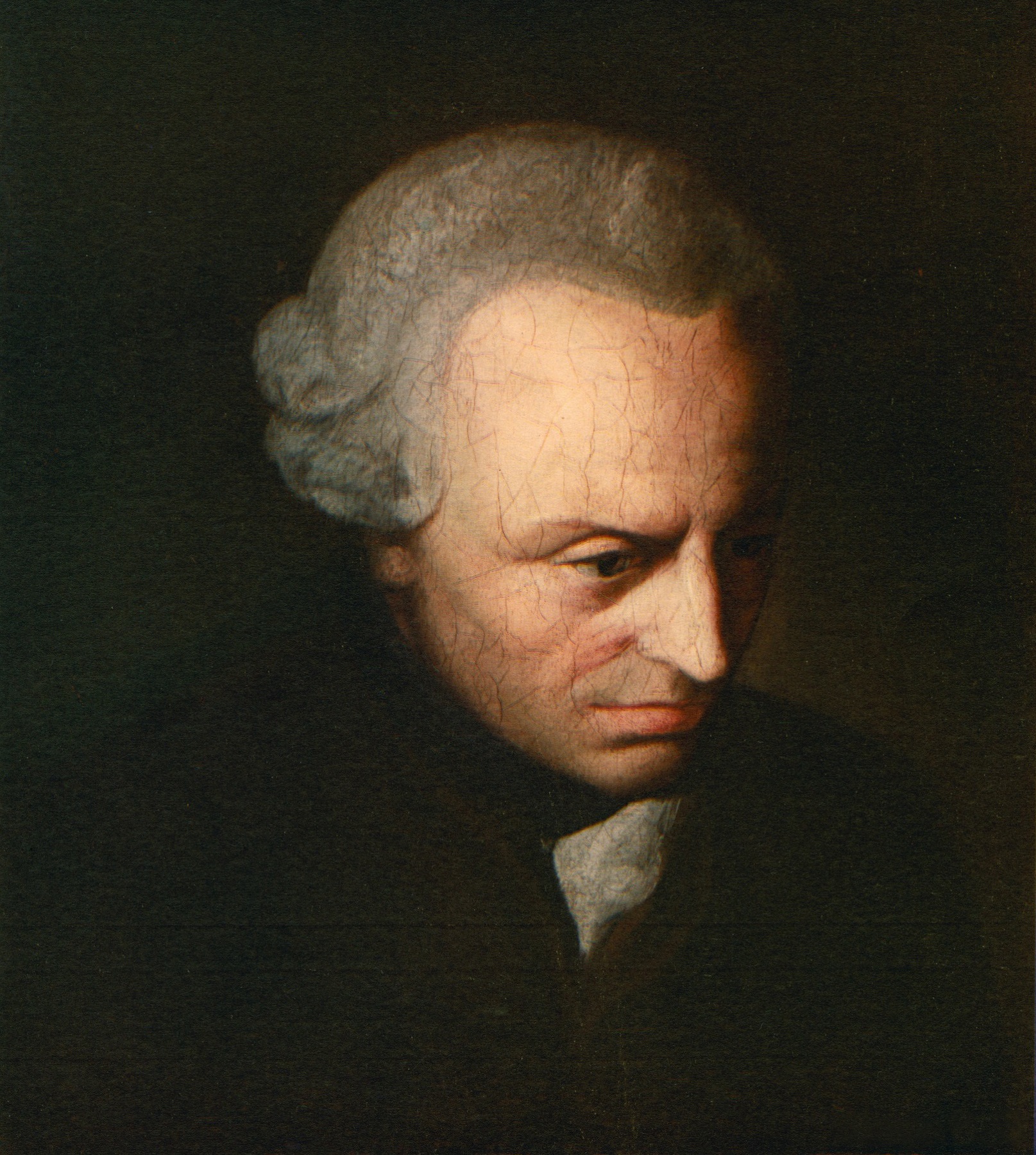 Head-and-shoulders portrait of an elderly Immanuel Kant in a powdered wig, looking down and to the side