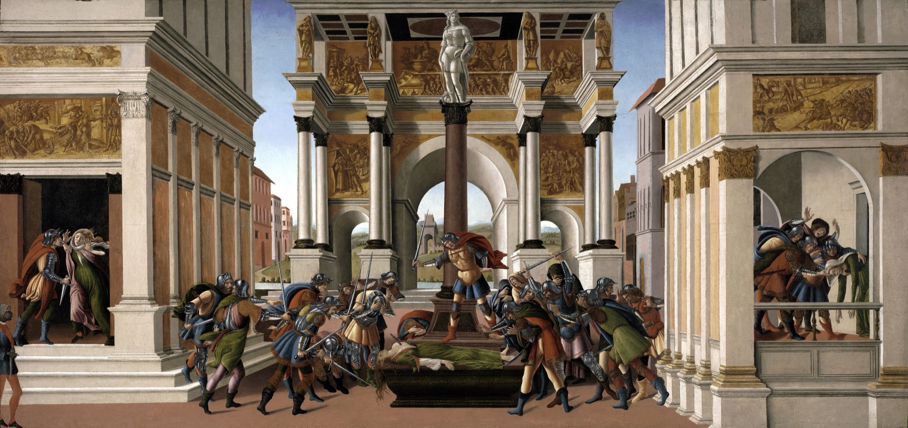 Botticelli's panel painting The Story of Lucretia, about 1500, showing the assault, the suicide, and Brutus rousing Rome