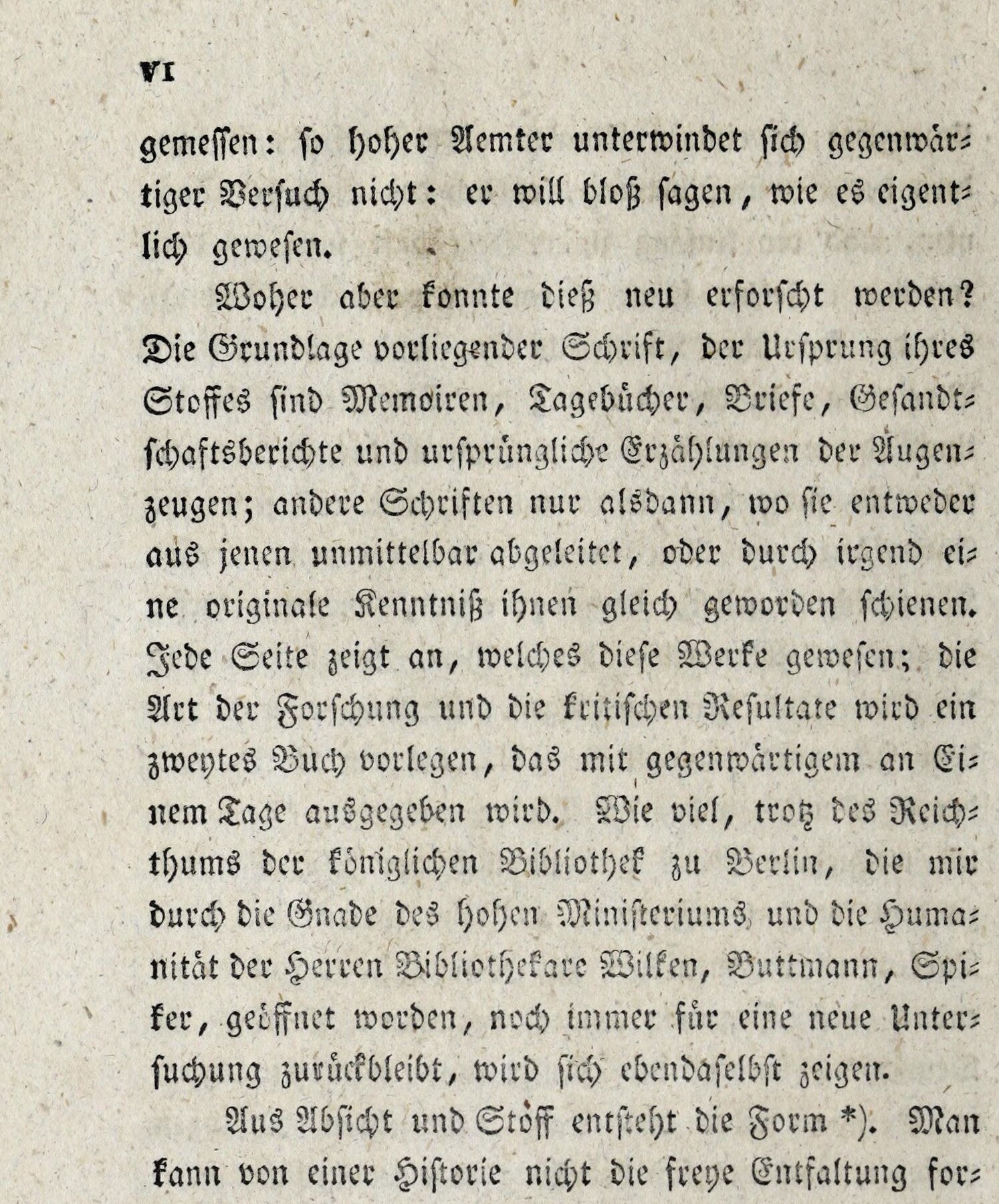 A page of blackletter German type, page numbered VI, whose first three lines end with the words wie es eigentlich gewesen, followed by a paragraph listing the kinds of sources the book rests on