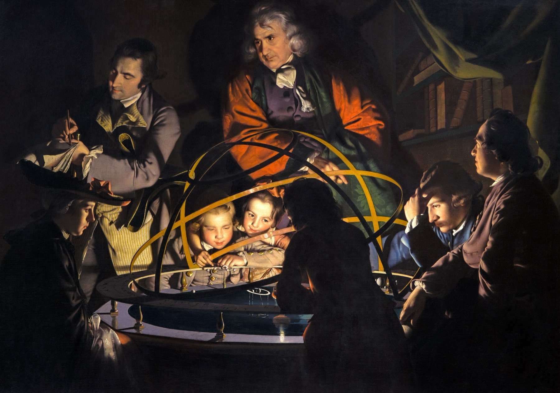 A candlelit room in which a lecturer stands over a brass model of the solar system; a lamp at its centre stands in for the sun, lighting the faces of a dozen listeners, two children leaning close to the mechanism