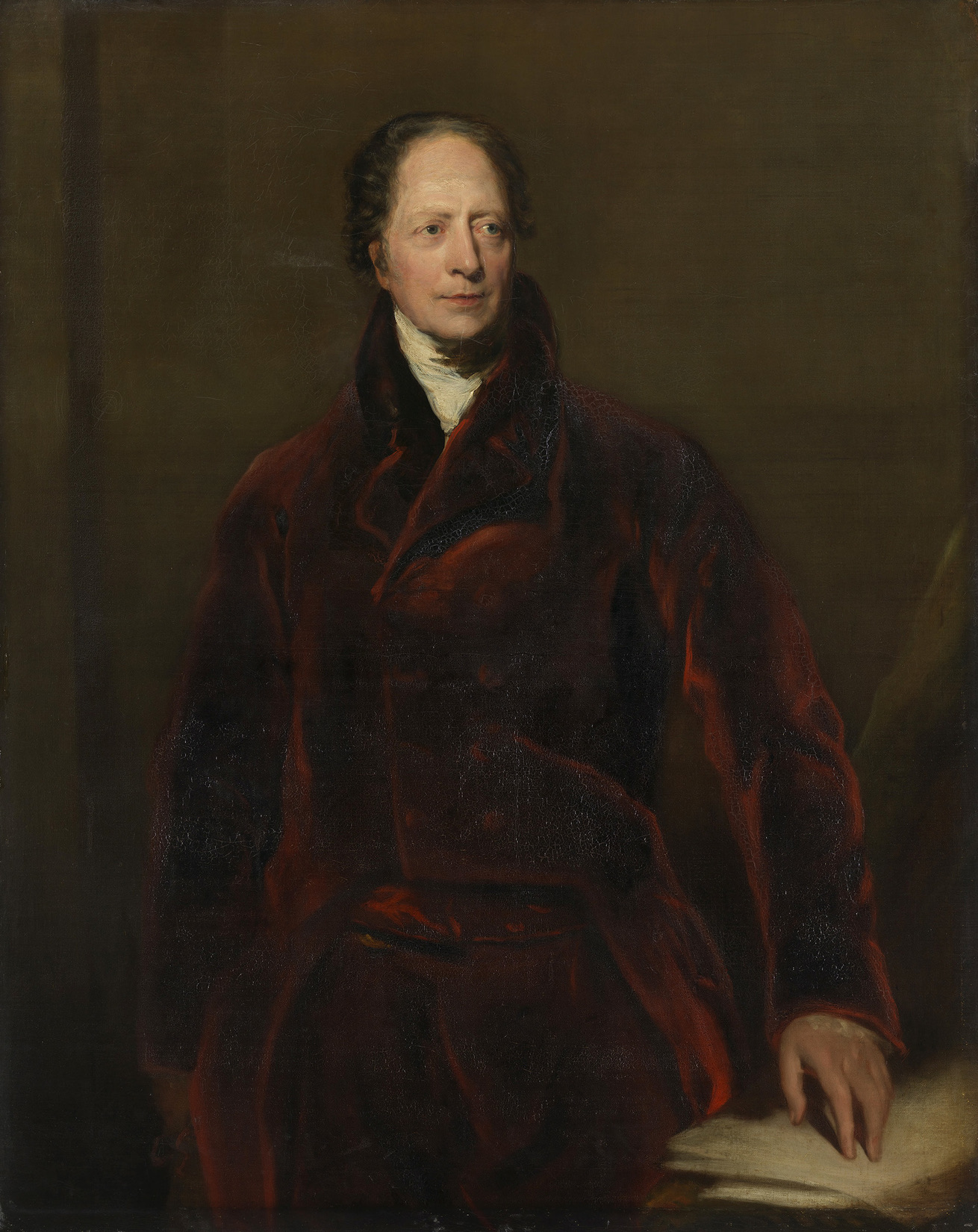 Painted portrait of a middle-aged man in a dark red fur-collared coat against a plain brown ground, turned slightly to one side, his right hand resting on a sheaf of papers