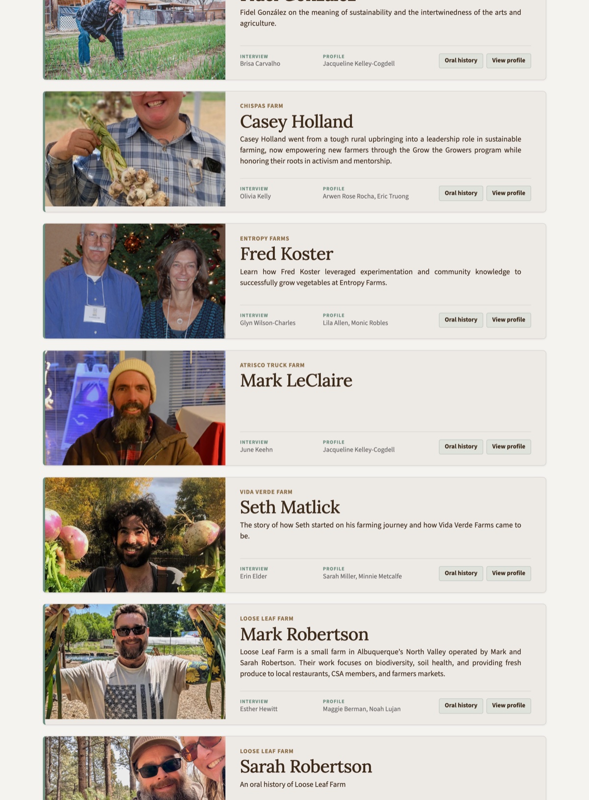 Farmer profiles, each crediting the narrator, the interviewer and the authors