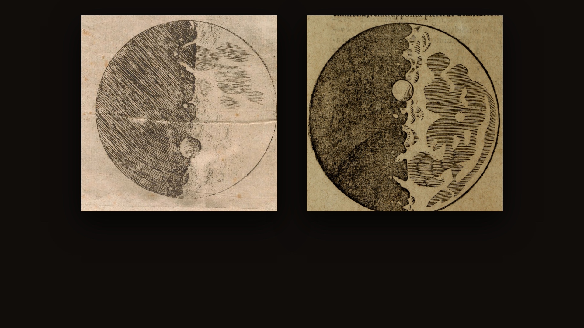 Two printings of the same lunar image: a fine etching and a crude woodcut copy